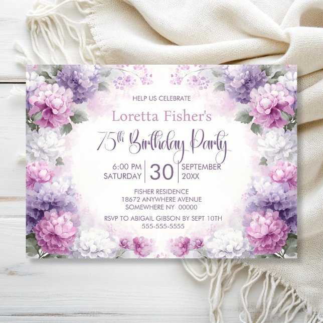 Lila och rosa blomsterfirande 75-årsfest inbjudningar (Skapare uppladdad)
