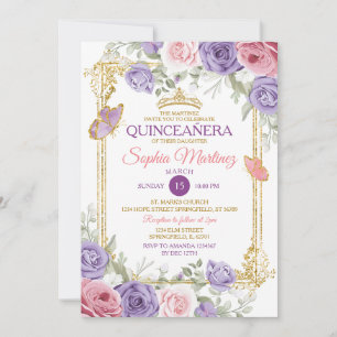 Lila och rosa blomsterguld krona flicka Quinceañer Inbjudningar
