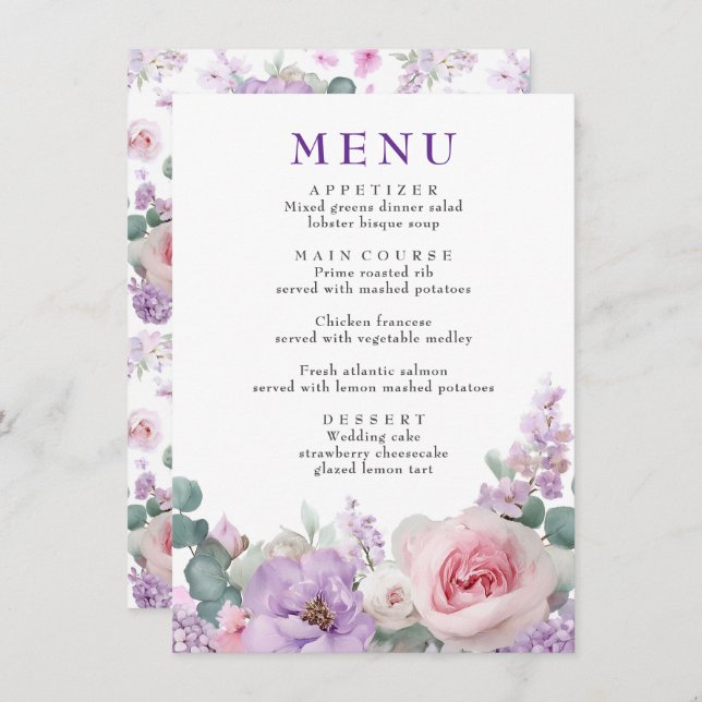 Lila och Rosa Bröllop Menu för botanisk Blommigt Meny (Fram/baksida)