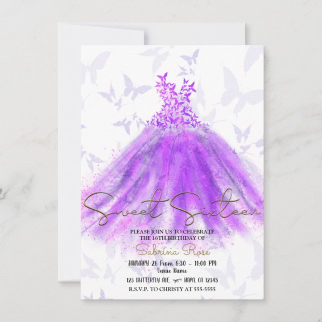 Lila och Rosa Butterfly Dance Dress Sweet 16 Party Inbjudningar (Framsida)