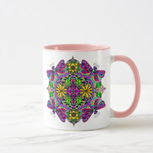 Lila och Rosa Dragonfly och Flowers Mandala Mugg