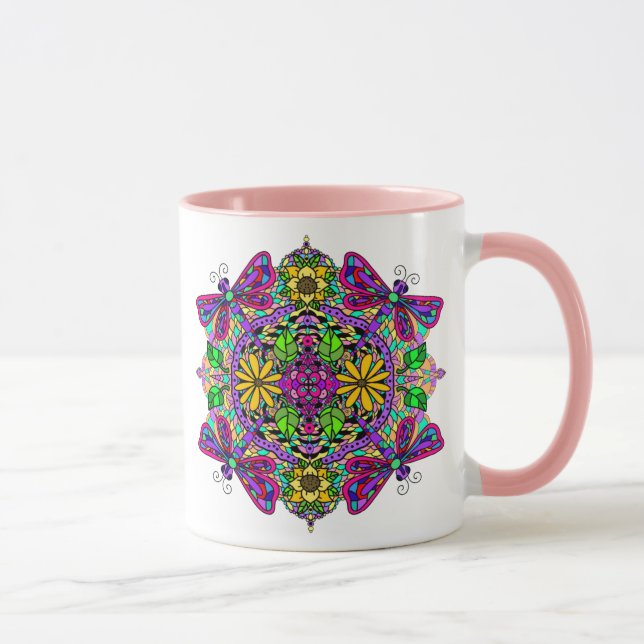 Lila och Rosa Dragonfly och Flowers Mandala Mugg (Höger)
