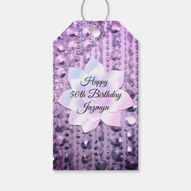 Lila och Rosa Elegant Beaded Presentetikett (Framsidan)