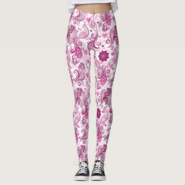 Lila och Rosa Fågelmönster Leggings (Framsida)