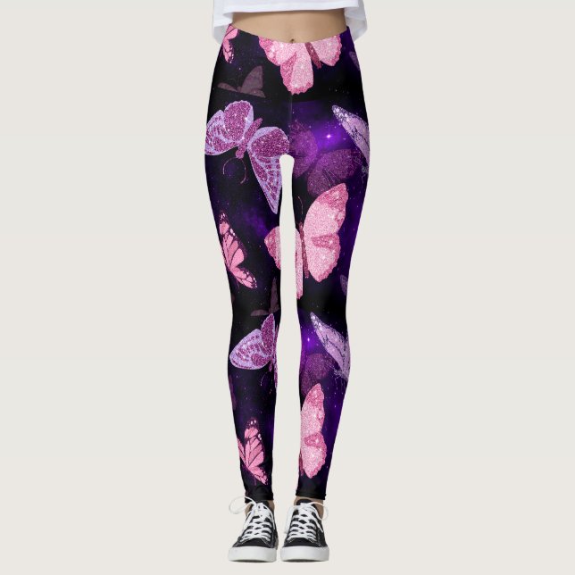 Lila och Rosa fjärilspapper Leggings (Framsida)