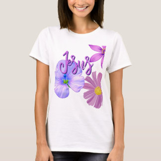 Lila och Rosa Flower Jesus Namn T-Shirt