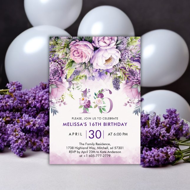 Lila och Rosa Garden Flowers 16:e födelsedagen Inbjudningar (Purple & Pink Garden Flowers 16th Birthday Invitation)