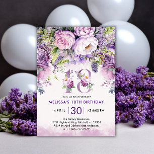 Lila och Rosa Garden Flowers 18:e födelsedagen Inbjudningar