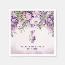 Lila och Rosa Garden Flowers 1:a födelsedag Pappersservett