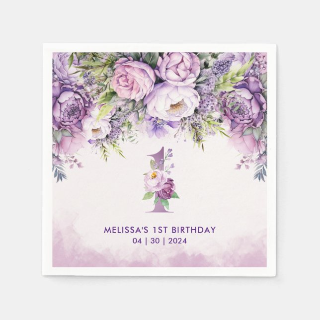 Lila och Rosa Garden Flowers 1:a födelsedag Pappersservett (Framsidan)
