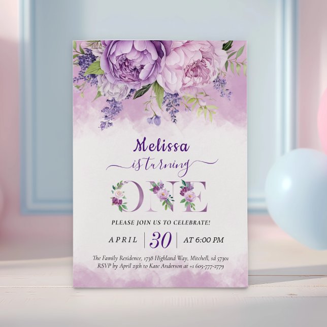 Lila och Rosa Garden Flowers Girl 1 födelsedag Inbjudningar (Purple & Pink Garden Flowers Girl 1st Birthday Invitation)