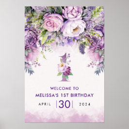 Lila och Rosa Garden Flowers Girl 1 födelsedag Poster