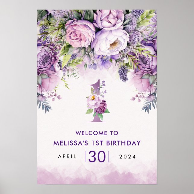 Lila och Rosa Garden Flowers Girl 1 födelsedag Poster (Framsidan)