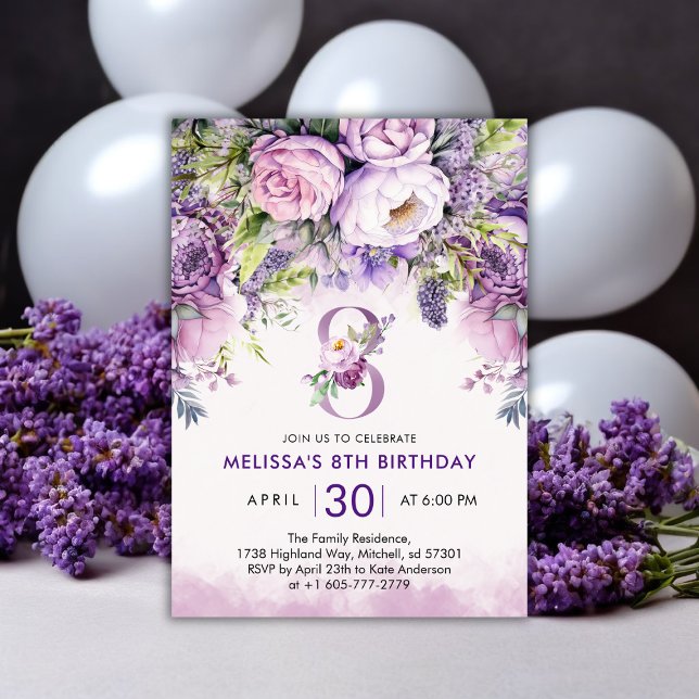 Lila och Rosa Garden Flowers Girl 8 Birthday Inbjudningar (Purple & Pink Garden Flowers Girl 8th Birthday Invitation)