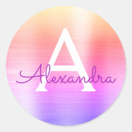 Lila och Rosa Girly Metallic Monogram Runt Klistermärke