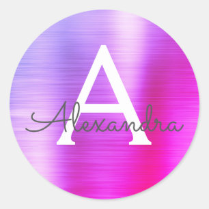 Lila och Rosa Girly Metallic Monogram Runt Klistermärke