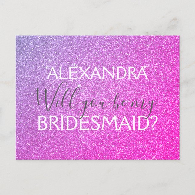 Lila och Rosa Glitter och Gnistra Bridesmaid Inbjudan Vykort (Framsida)