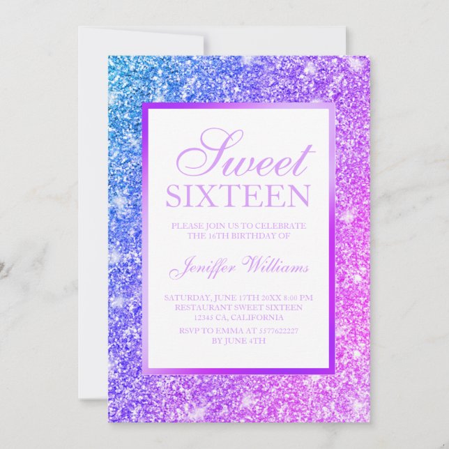 Lila och Rosa Glitter Sweet 16 Inbjudningar (Framsida)