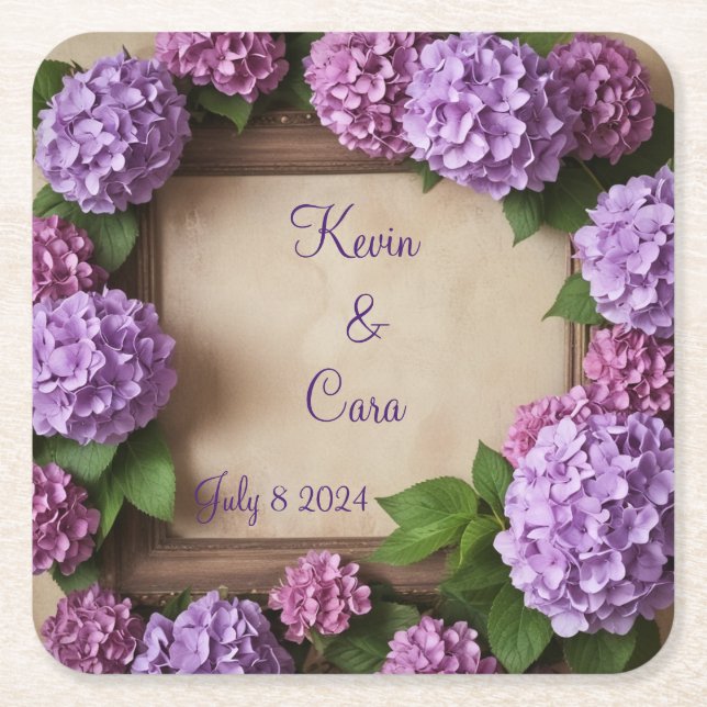 Lila och Rosa Hydrangeas Underlägg Papper Kvadrat (Framsidan)