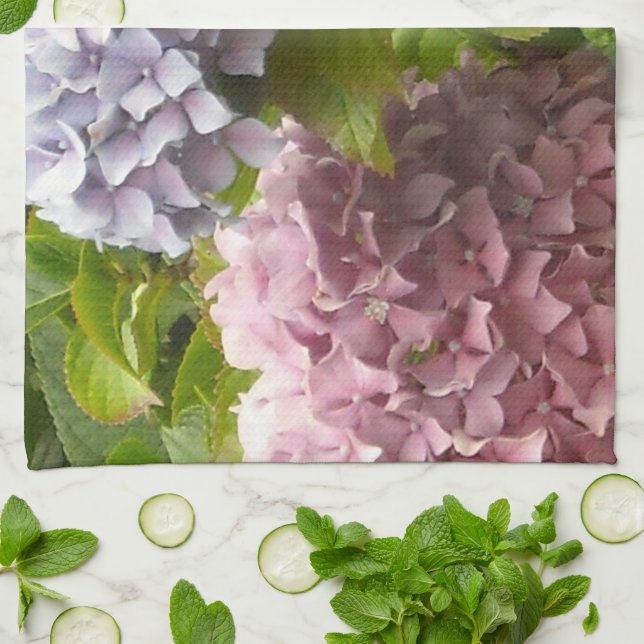 Lila och Rosa Hydrangeor Kökshandduk (Vikta)