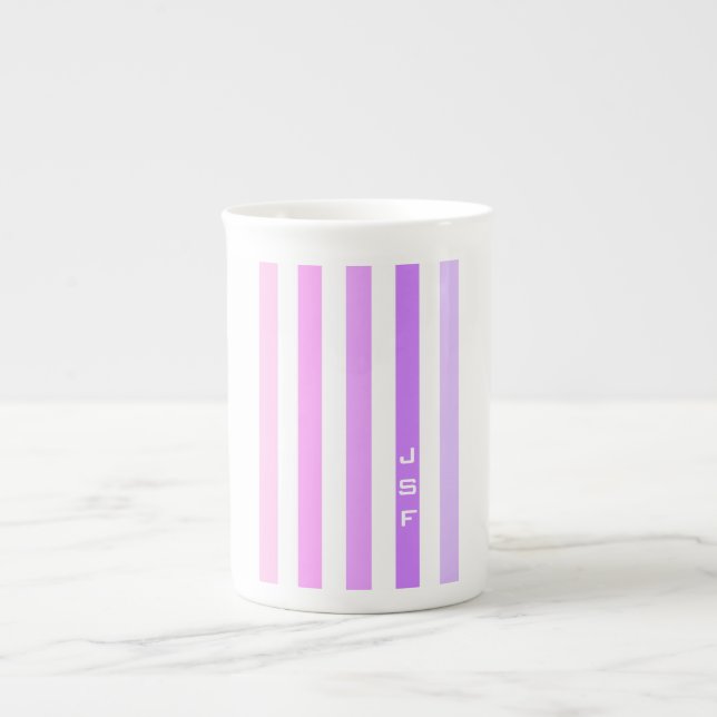 Lila och Rosa Lodrät Rand Monogram Benporslin Mugg (Framsidan)