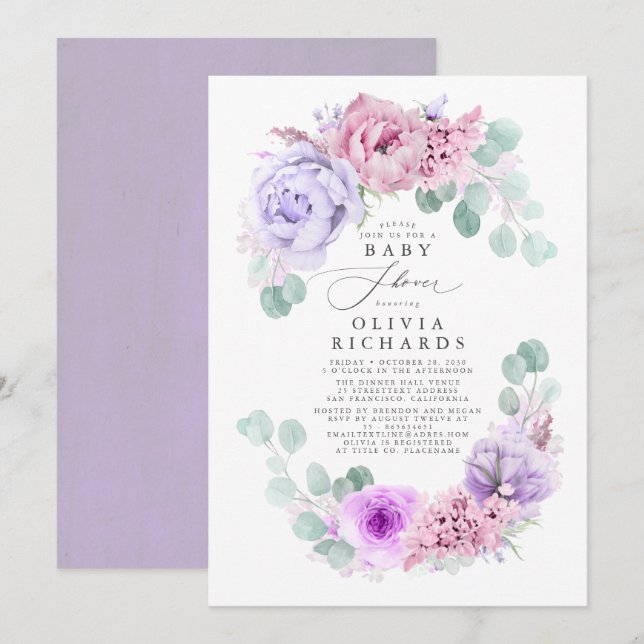 Lila och Rosa Mjuk Pastel Blommigt Baby Shower Inbjudningar (Fram/baksida)