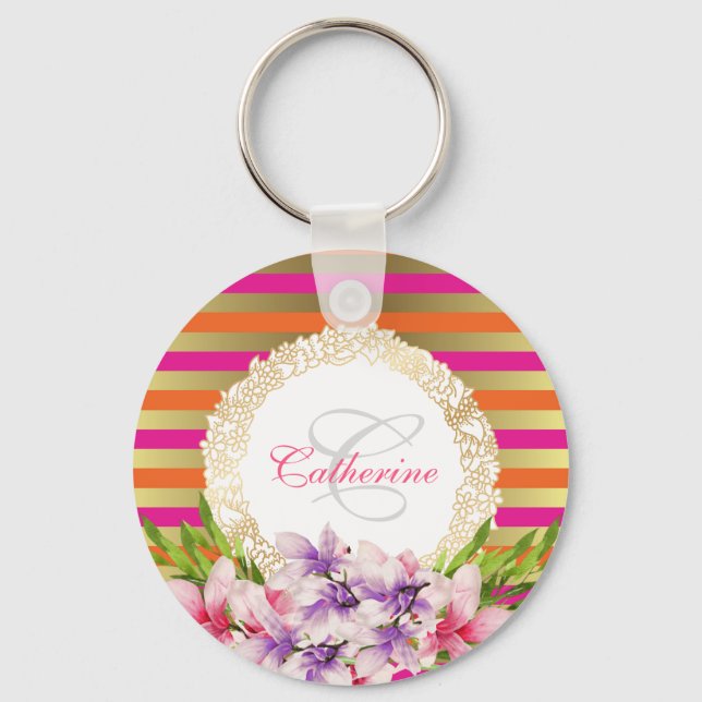 Lila och Rosa Personlig av vattenfärg Magnolia Nyckelring (Framsida)