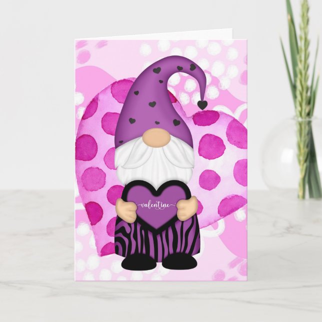 Lila och Rosa Polka dots Gnome Valentine Card Tack Kort (Framsida)
