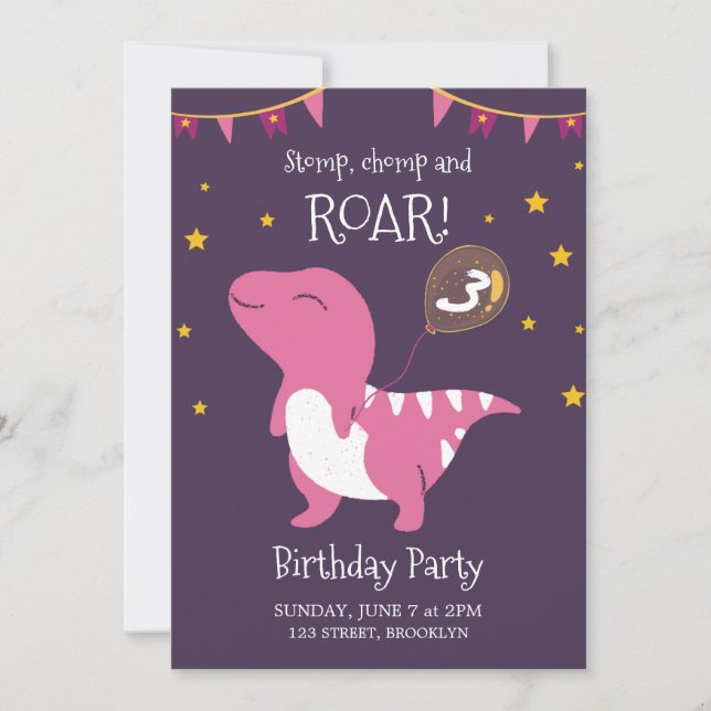 Lila och Rosa Roar Dinosaur Födelsedagsfest Inbjudningar (Framsida)