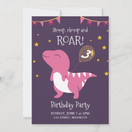 Lila och Rosa Roar Dinosaur Födelsedagsfest Inbjudningar