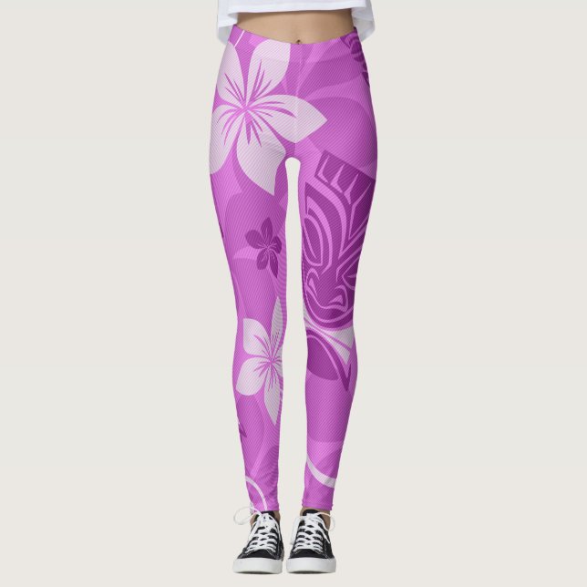 Lila och Rosa Tiki Hawaiian Leggings (Framsida)