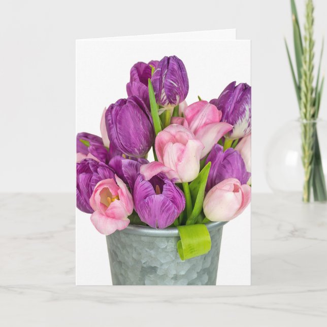 lila och rosa tulip bouquet kort (Framsida)