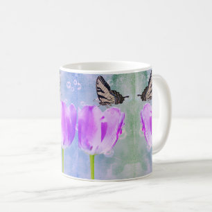 Lila och Rosa Tulips med Butterflies - Blommigt Kaffemugg