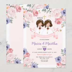 Lila och Rosa TWIN Girl 1:e Heligan Blommigt i kom Inbjudningar
