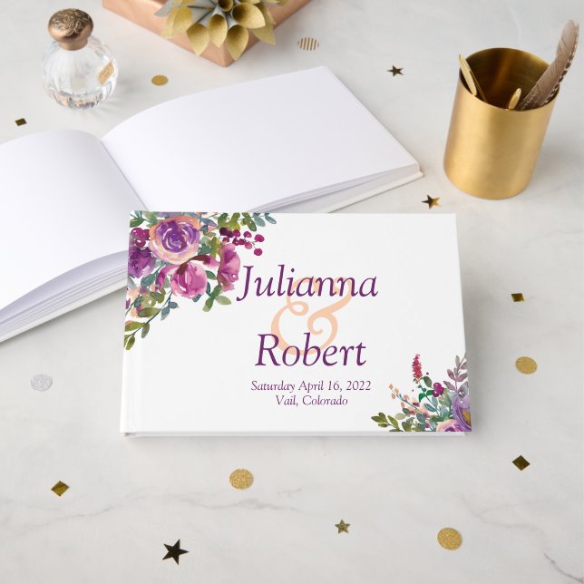 Lila och rosa vattenfärg Eggplant bröllop Gue Gästböcker (Framsida öppen)