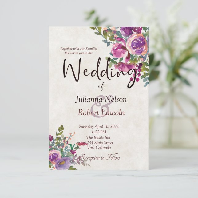 Lila och rosa vattenfärg Eggplant bröllop Invit Inbjudningar (Stående Fram)