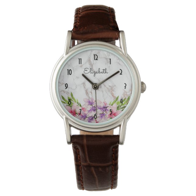Lila och Rosa Vattenfärg Magnolia White Marble Armbandsur (Framsida)