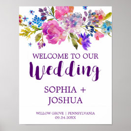 Lila och Rosa Vattenfärgsblommor Bröllop Välkommen Poster