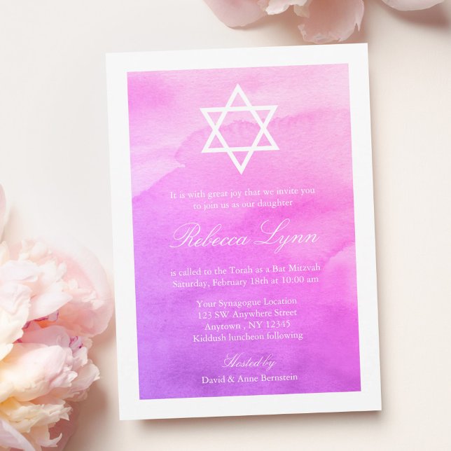 Lila och Rosa Vattenfärgsfärg Bat mitzvah Inbjudningar (Skapare uppladdad)