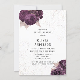 Lila och roséguld peony glitter bröllopsfest inbjudningar