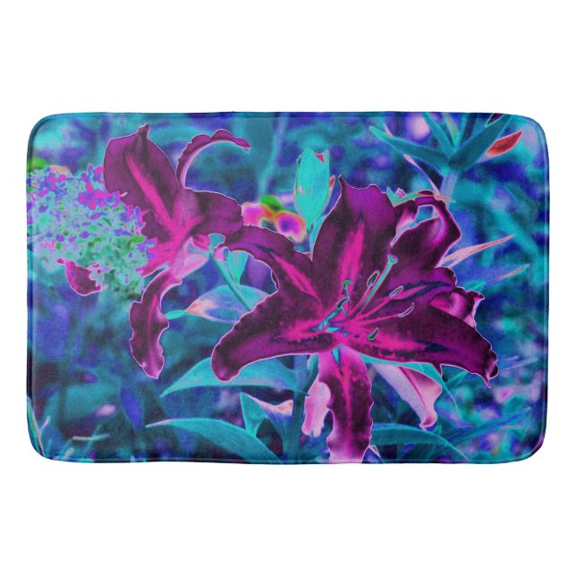 Lila och Shock rosa Abstrakt Oriental Lily Flowers Badrumsmatta (Framsidan)