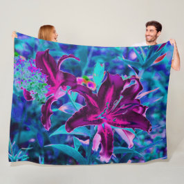 Lila och Shock rosa Abstrakt Oriental Lily Flowers Fleecefilt