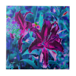 Lila och Shock rosa Abstrakt Oriental Lily Flowers Kakelplatta