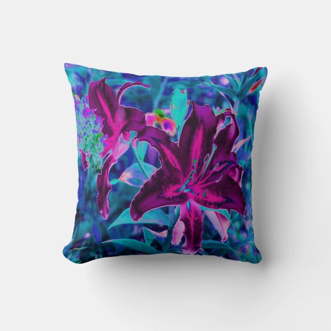 Lila och Shock rosa Abstrakt Oriental Lily Flowers Kudde (Framsida)