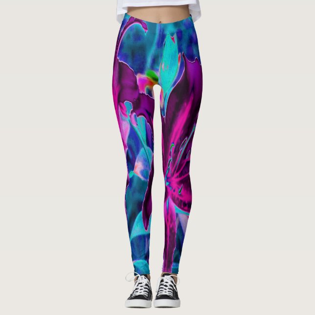 Lila och Shock rosa Abstrakt Oriental Lily Flowers Leggings (Framsida)
