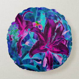 Lila och Shock rosa Abstrakt Oriental Lily Flowers Rund Kudde