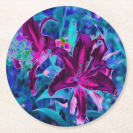Lila och Shock rosa Abstrakt Oriental Lily Flowers Underlägg Papper Rund