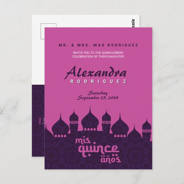 Lila och Shock rosa Arabian Nights Quinceañera Vykort (Fram/baksida)