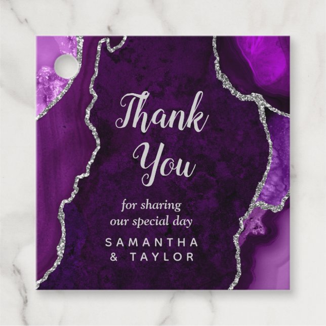 Lila och Silver Agate Bröllop Tack Gåvor Etiketter (Framsida)