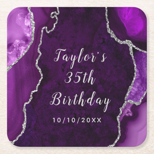 Lila och Silver Agate Marble Birthday Underlägg Papper Kvadrat (Framsidan)